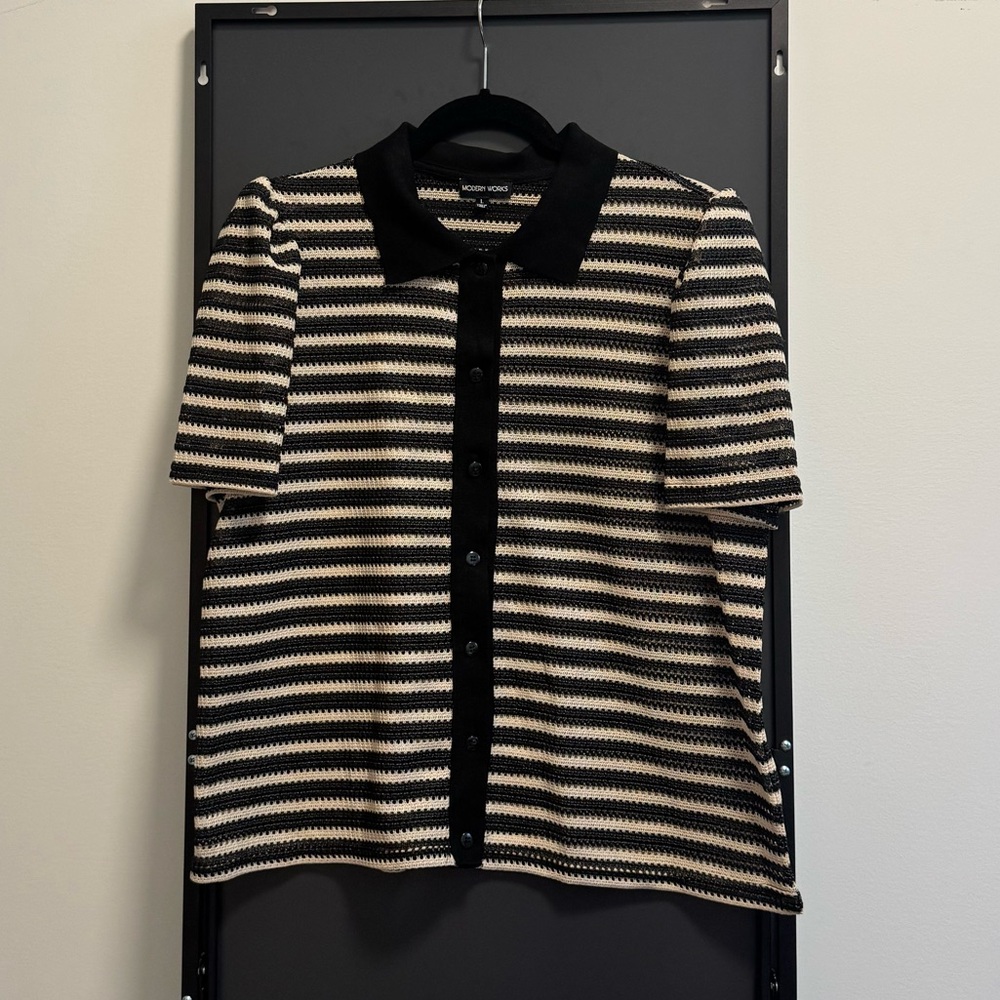 Modern Vogue Black & Cream Striped Button-Down Knit Top